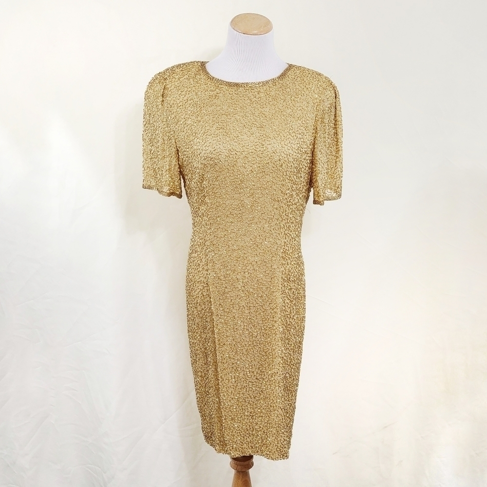Vintage Saks Fifth Avenue gold silk beaded Cocktail dress Women's size 8